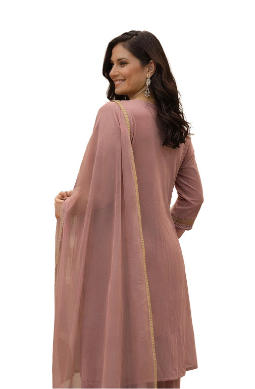 Women Printed Regular Kurta with Trousers & Dupatta- Dusty Rose Pink