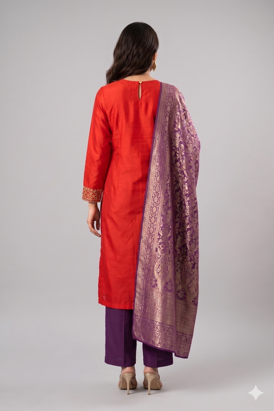 Kurta set- Red-Orange Purple Dupatta