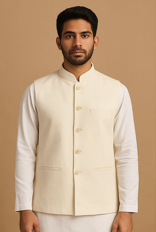 Cream Star Motif Nehru Waistcoat