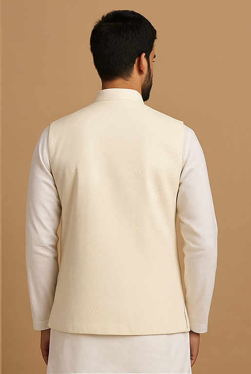 Cream Star Motif Nehru Waistcoat