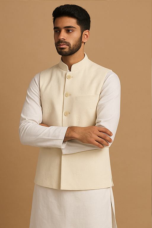 Cream Star Motif Nehru Waistcoat