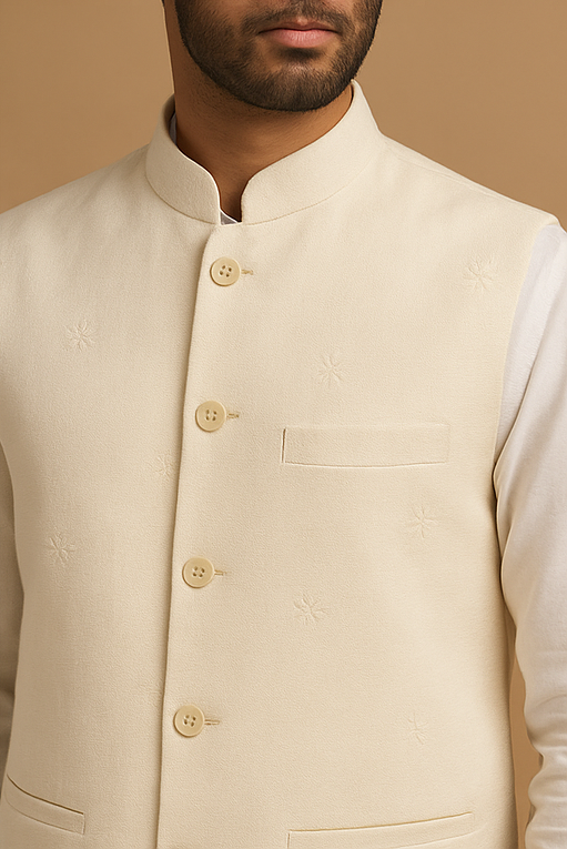 Cream Star Motif Nehru Waistcoat