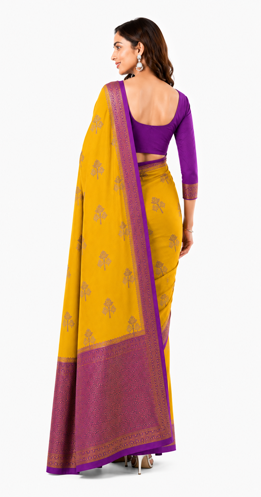 Crepe-Yellow Purple Saree