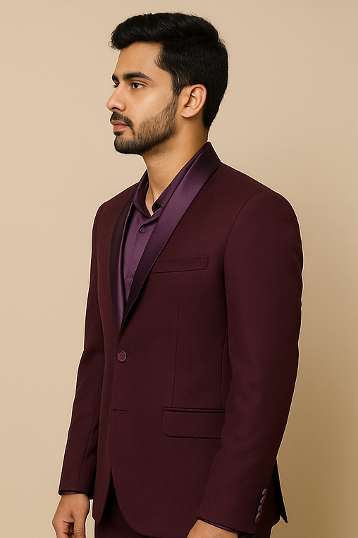 Men's Plum Embroidered Satin-Collar Blazer