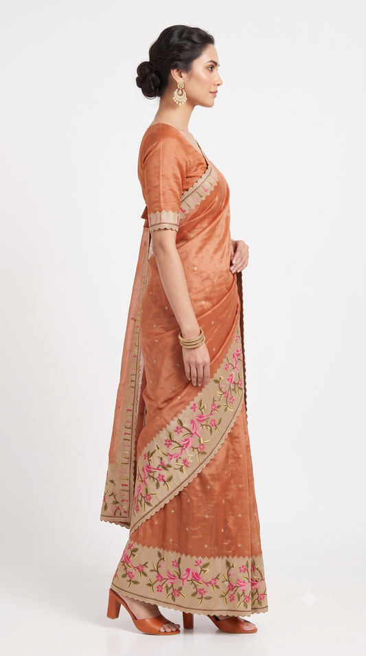 Rust Copper Raw Silk Saree with Bird & Floral Embroidered Border