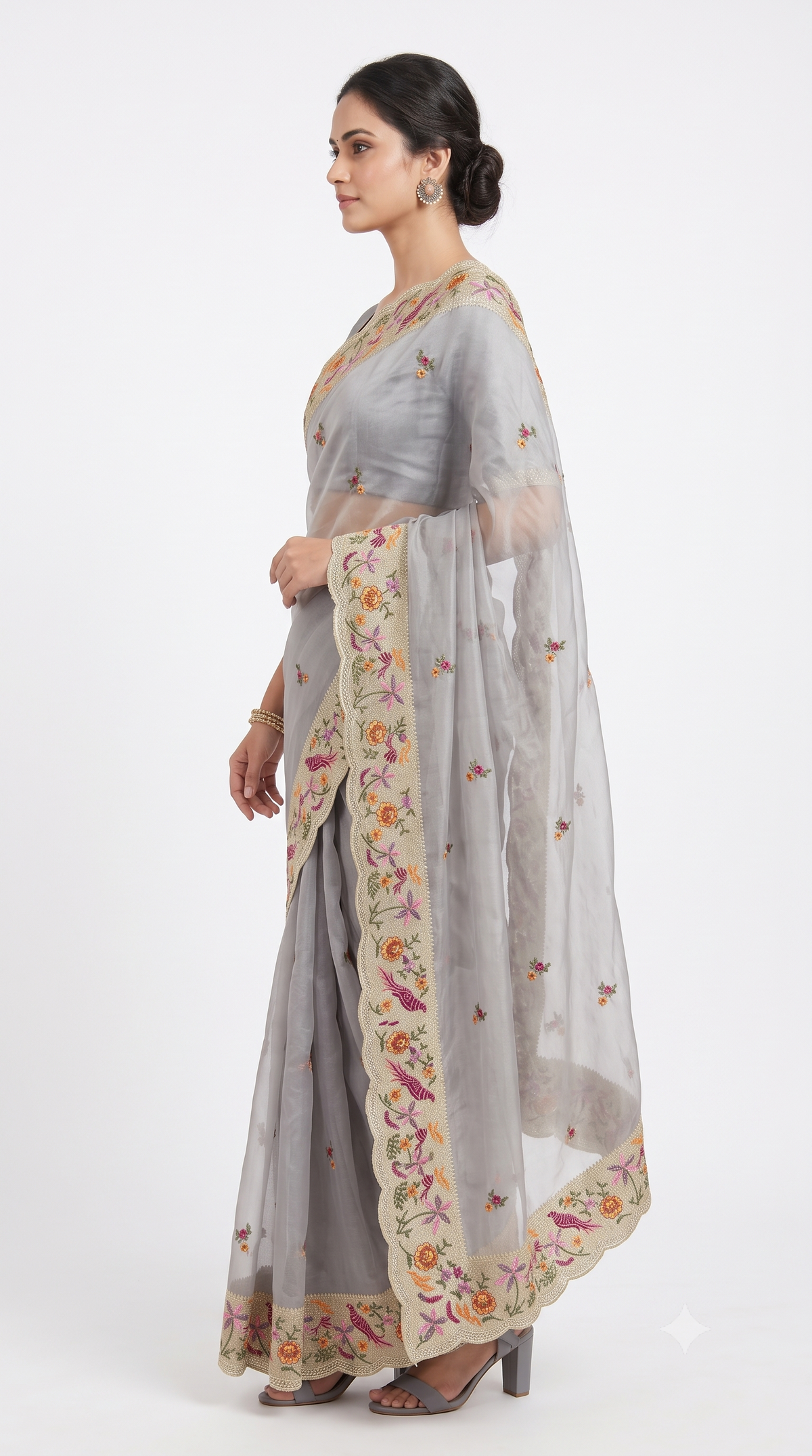 Silver Grey Sheer Organza Saree with Bird & Floral Scalloped Embroidery