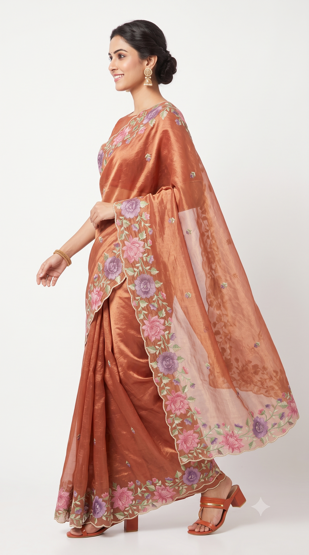 Copper Rust Tissue Organza Saree with Scalloped Floral Embroidery