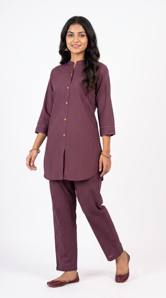 Wine Maroon Printed Straight Kurta Pant Set for Women