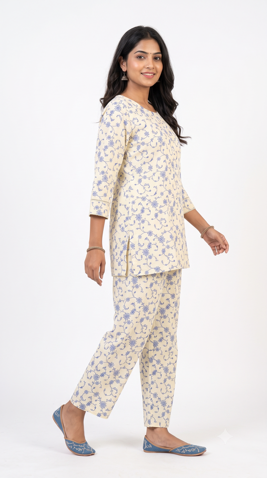Cream & Blue Floral Printed Kurta Pant Set for Women