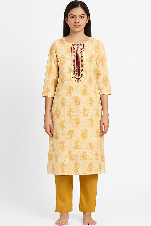 Noor Mustard Block Print Embroidered Kurta