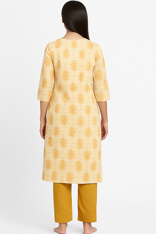 Noor Mustard Block Print Embroidered Kurta