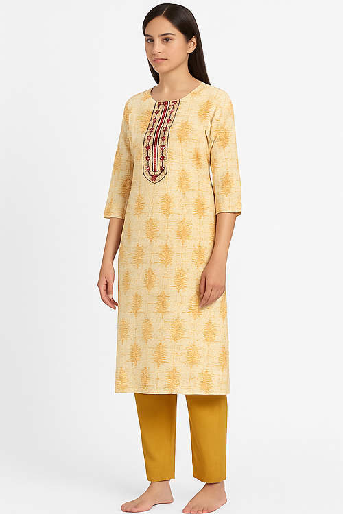 Noor Mustard Block Print Embroidered Kurta