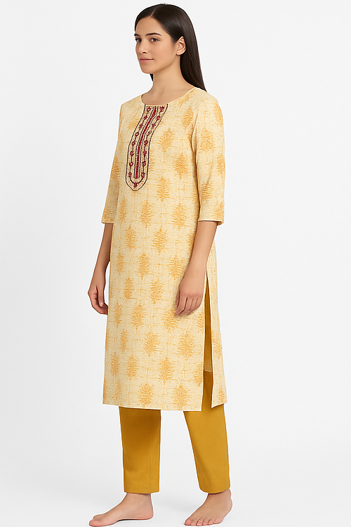 Noor Mustard Block Print Embroidered Kurta