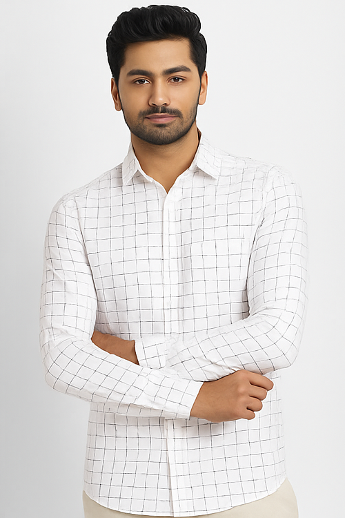 White Grid Check Cotton Shirt