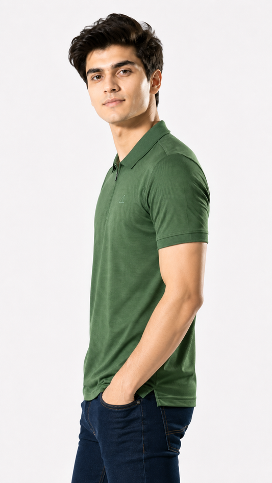 Power Men's Textured Zip Polo T-Shirt – Forest Green