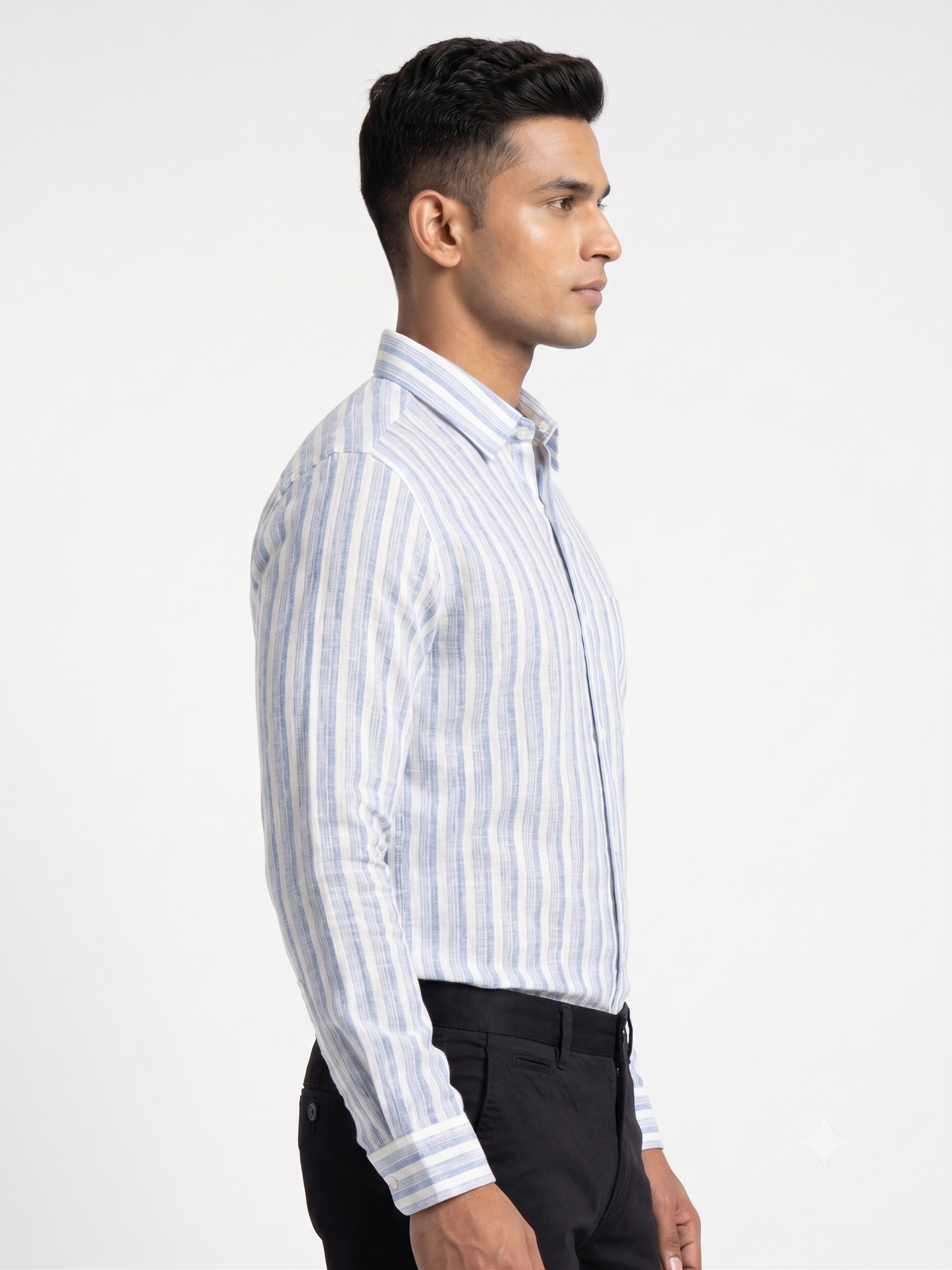 Premium Men Sky Blue and White Cotton Linen Striped Casual Shirt
