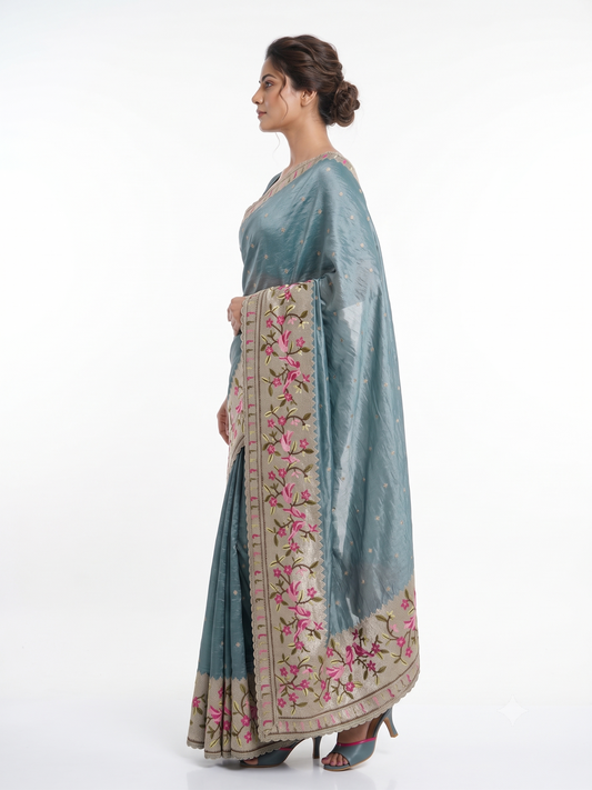 Teal Raw Silk Saree with Embroidered Floral & Bird Border