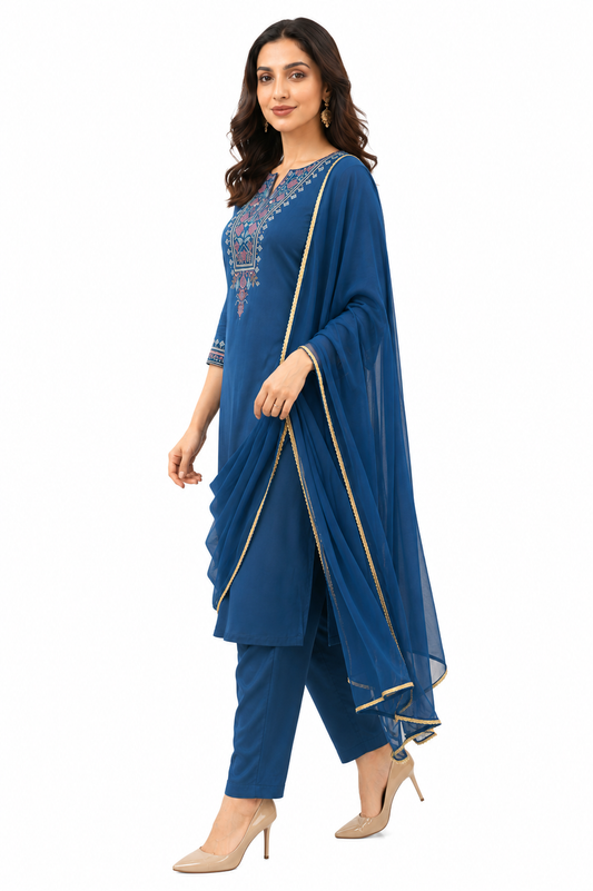 Women Printed Regular Kurta Set- Teal Blue