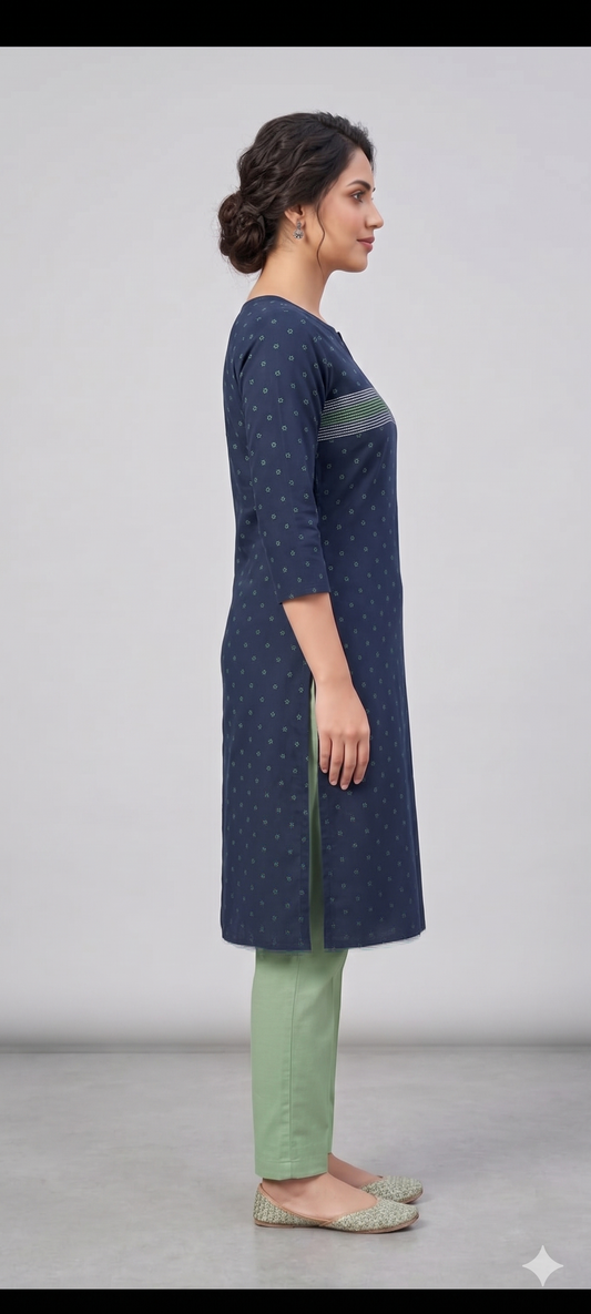 Women Navy Blue & Sage Green Printed Straight Kurta