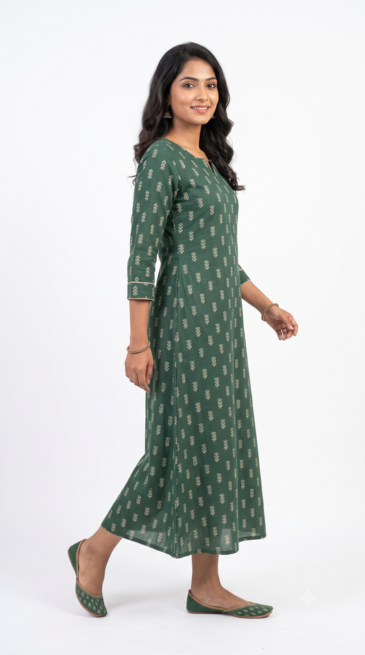 Bottle Green Floral Print Anarkali Kurti