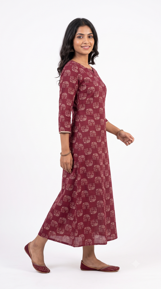 Maroon Elephant Print Anarkali Kurti for Women