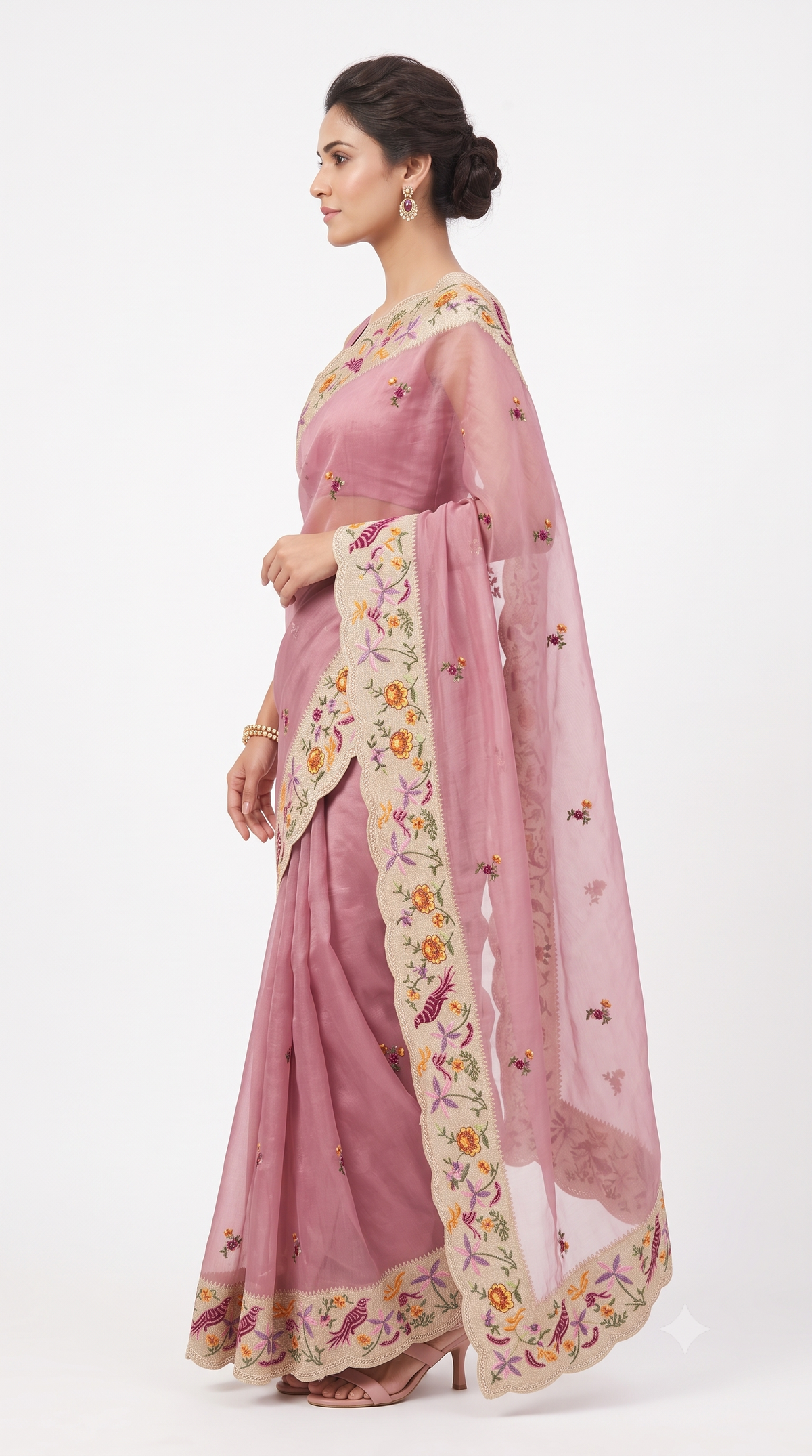Dusty Mauve Sheer Organza Saree with Bird & Floral Scalloped Embroidery