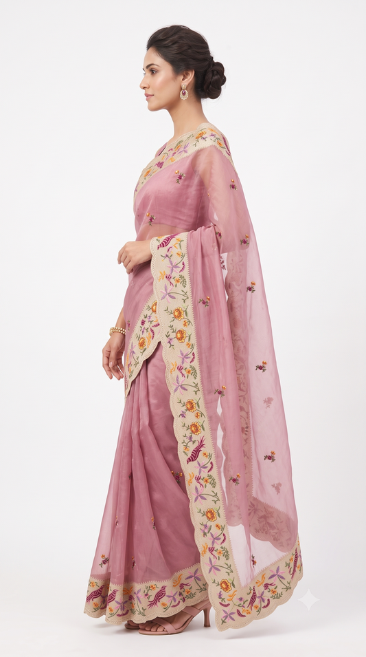 Dusty Mauve Sheer Organza Saree with Bird & Floral Scalloped Embroidery
