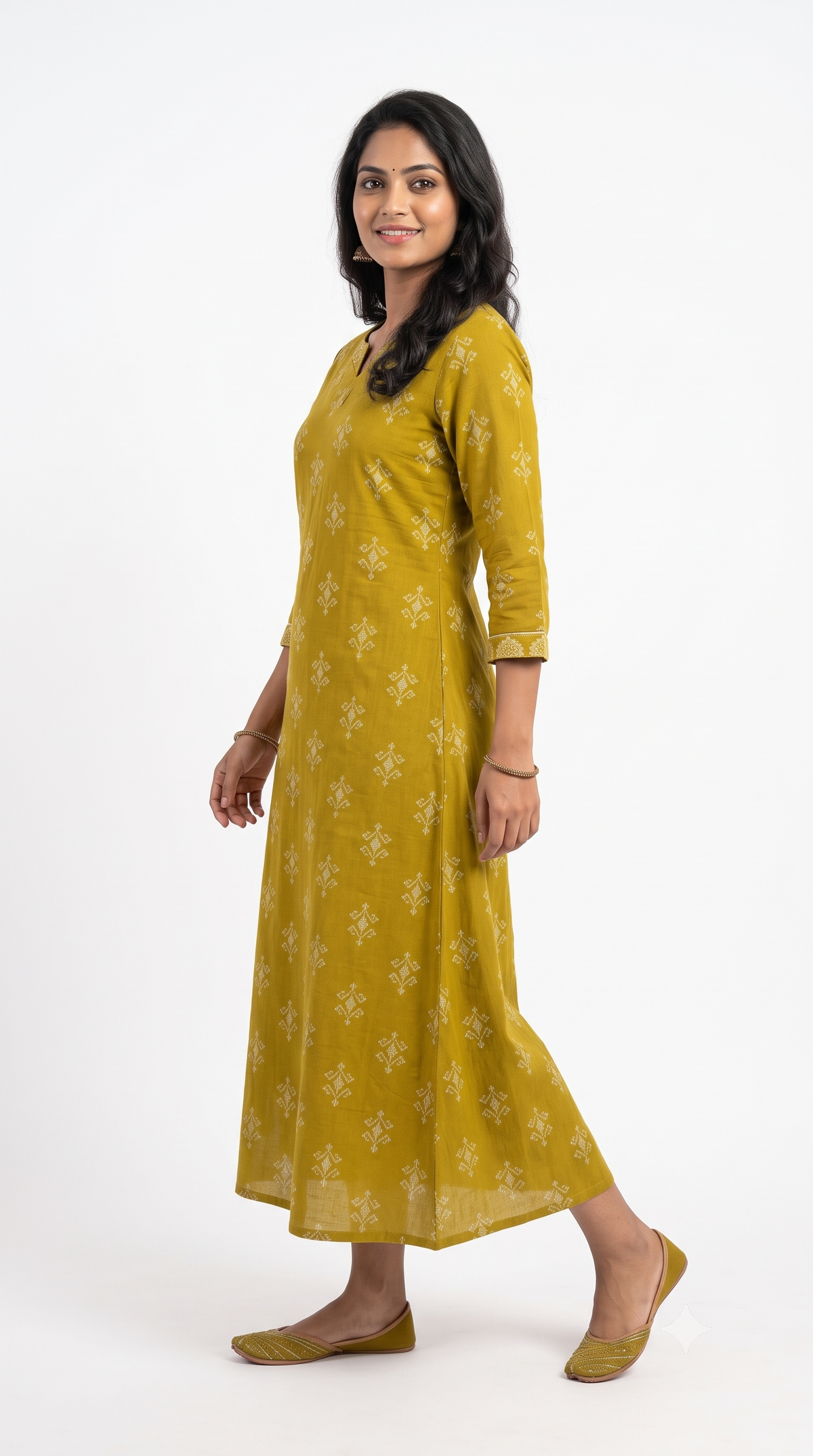Mustard Yellow Ethnic Print Anarkali Kurti for Women