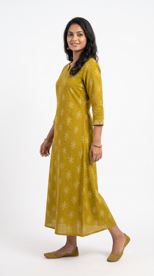 Mustard Yellow Ethnic Print Anarkali Kurti for Women