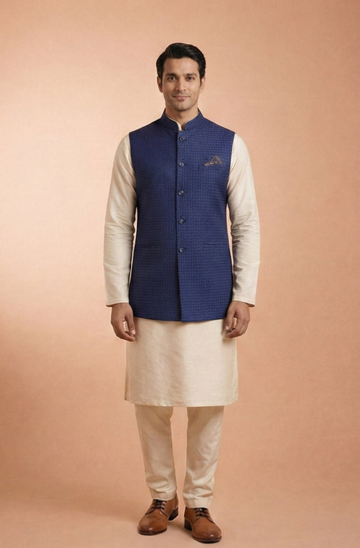 Midnight Blue Textured Nehru Waistcoat