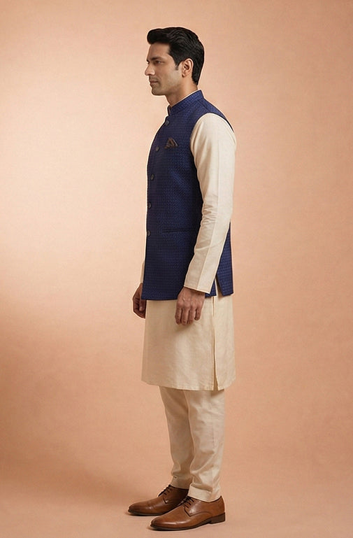 Midnight Blue Textured Nehru Waistcoat