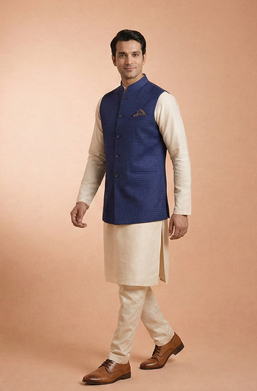 Midnight Blue Textured Nehru Waistcoat