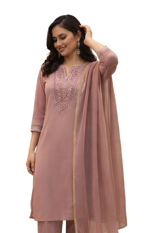 Women Printed Regular Kurta with Trousers & Dupatta- Dusty Rose Pink