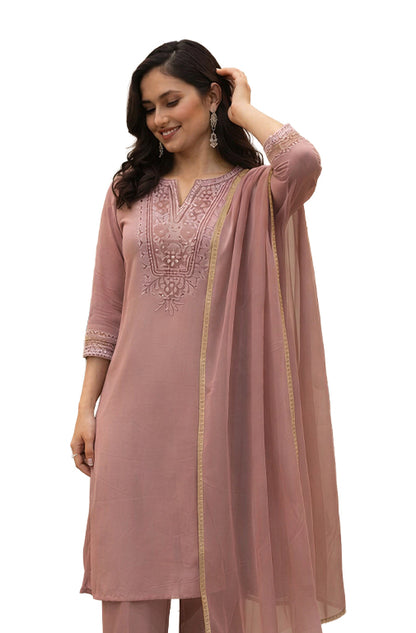 Women Printed Regular Kurta with Trousers & Dupatta- Dusty Rose Pink