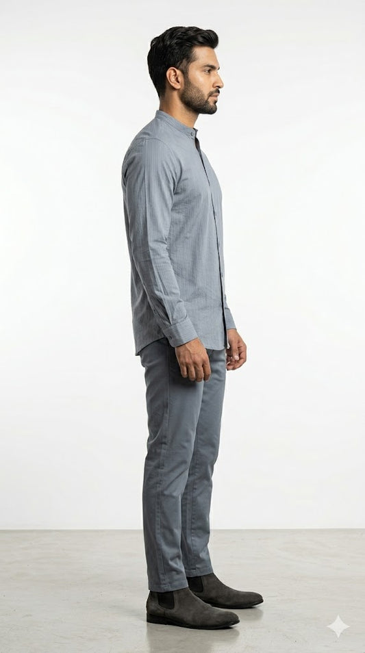 Men's Steel Grey Mandarin Collar Full Sleeve Shirt
