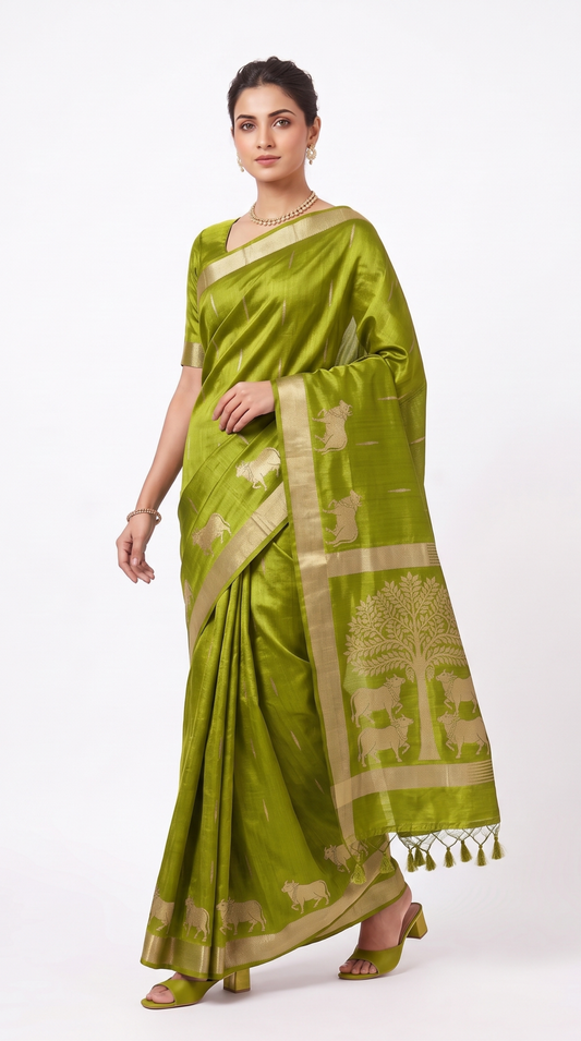 Olive Green Raw Silk Saree with Kamdhenu & Tree of Life Zari Motifs