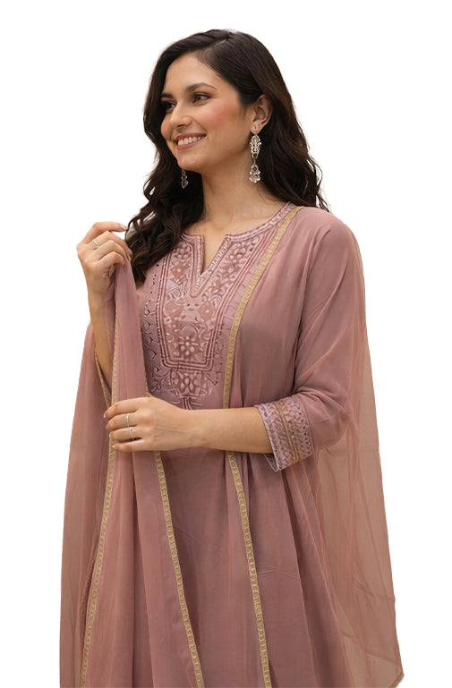 Women Printed Regular Kurta with Trousers & Dupatta- Dusty Rose Pink