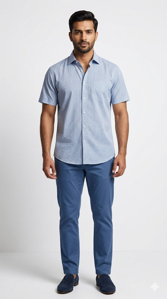 Men's Blue Geometric Micro Print Shirt