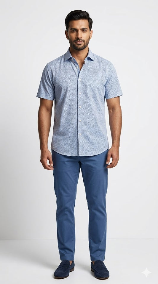 Men's Blue Geometric Micro Print Shirt