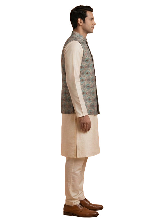 Sage Mosaic Textured Nehru Waistcoat