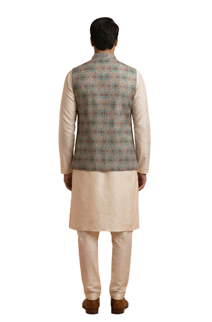 Sage Mosaic Textured Nehru Waistcoat