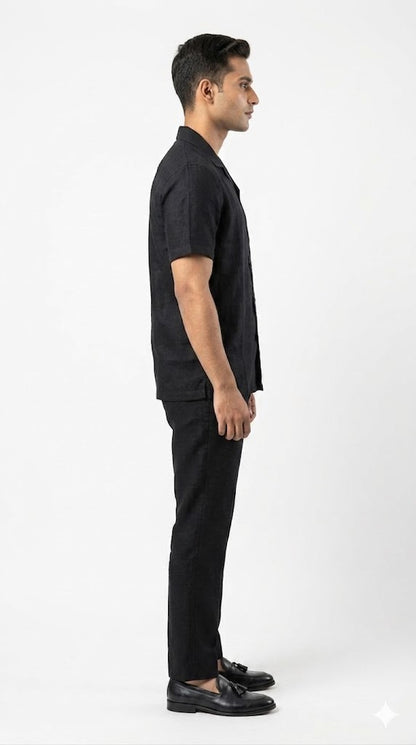 Men's Black Graphic Print Cuban Collar Shirt
