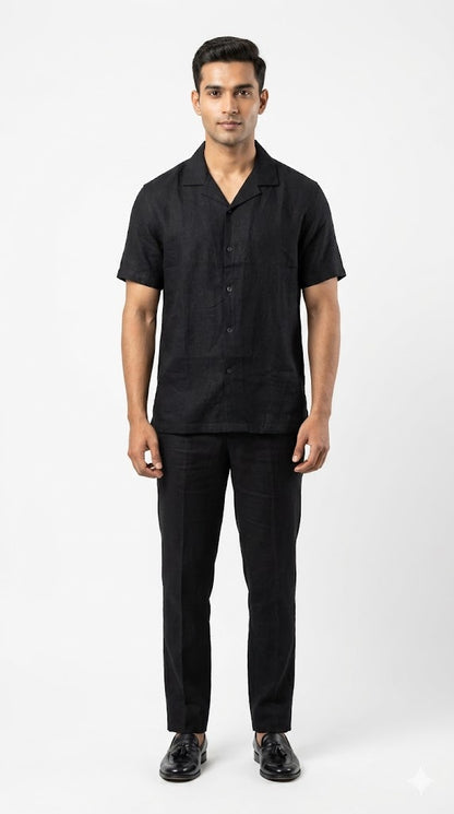 Men's Black Graphic Print Cuban Collar Shirt