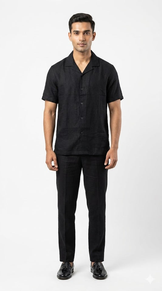 Men's Black Graphic Print Cuban Collar Shirt