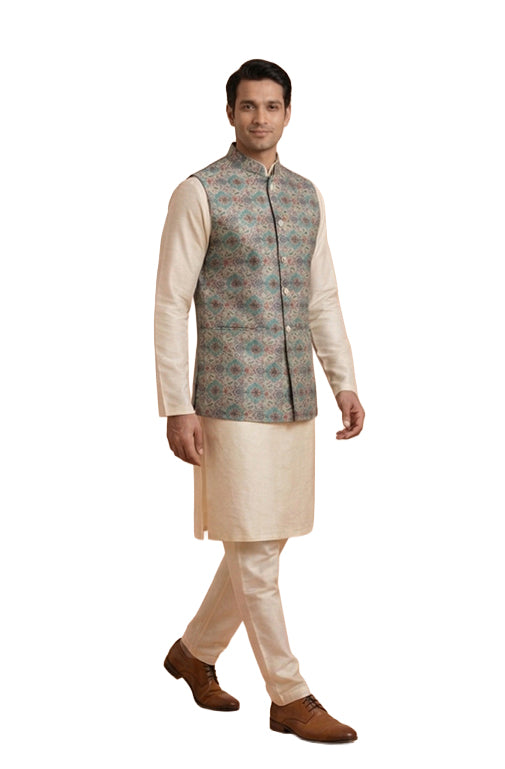 Sage Mosaic Textured Nehru Waistcoat