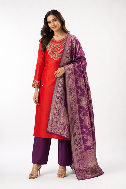 Woman wearing a red kurta with purple pants and shawl on a white background