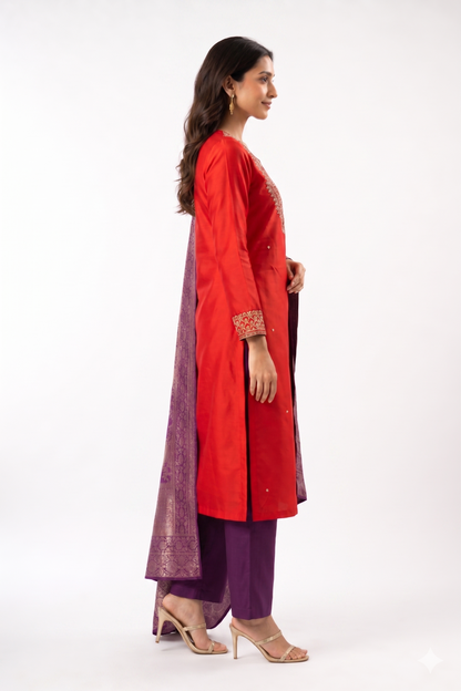 Kurta set- Red-Orange Purple Dupatta