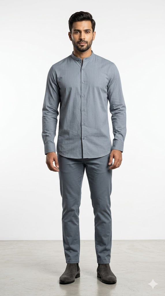 Men's Steel Grey Mandarin Collar Full Sleeve Shirt