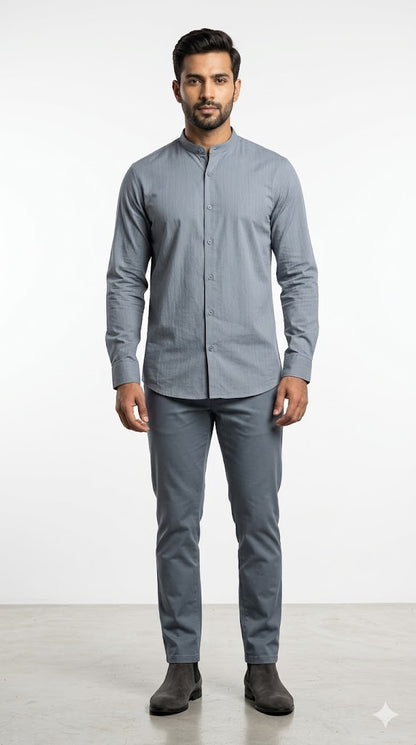 Men's Steel Grey Mandarin Collar Full Sleeve Shirt
