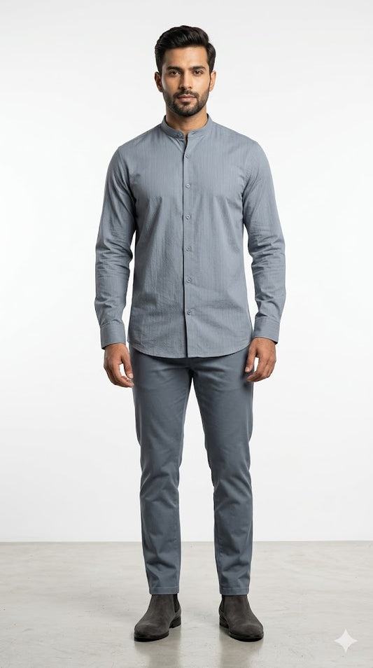 Men's Steel Grey Mandarin Collar Full Sleeve Shirt